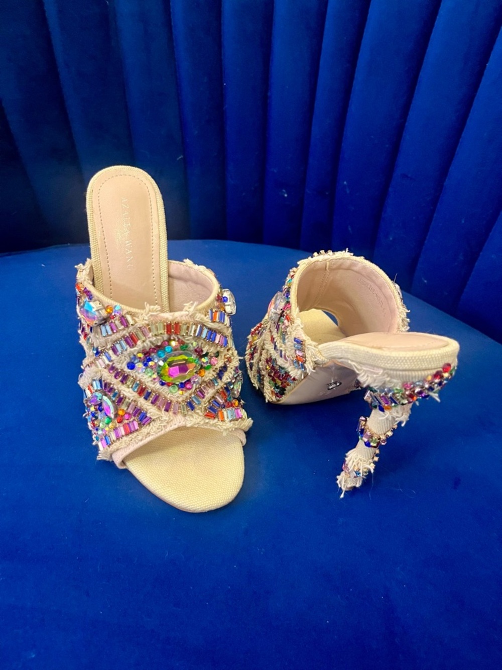 Azalea Wang Jeweled Crystal Slide Heels | Multicolor Statement Mules - Size 6.5 - Picture 6 of 11